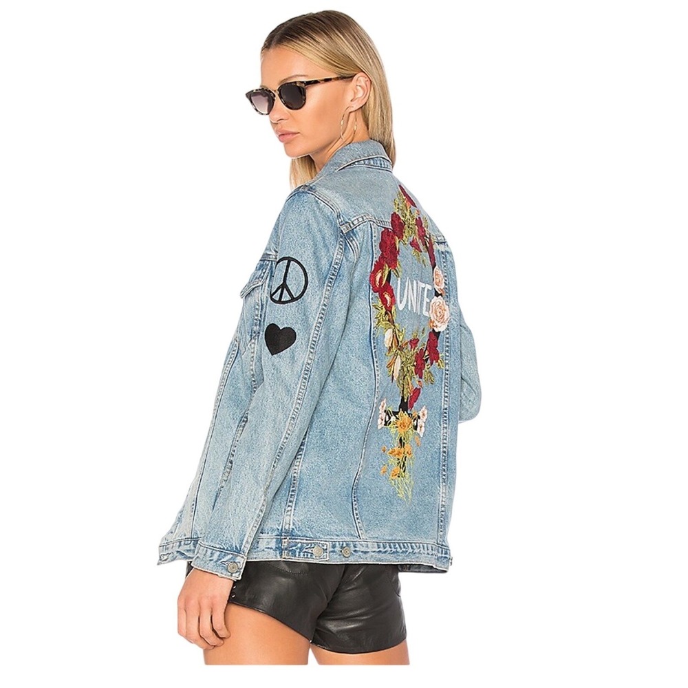 GRLFRND x REVOLVE Daria Unite Embroidered Denim Trucker Jacket Size S Floral